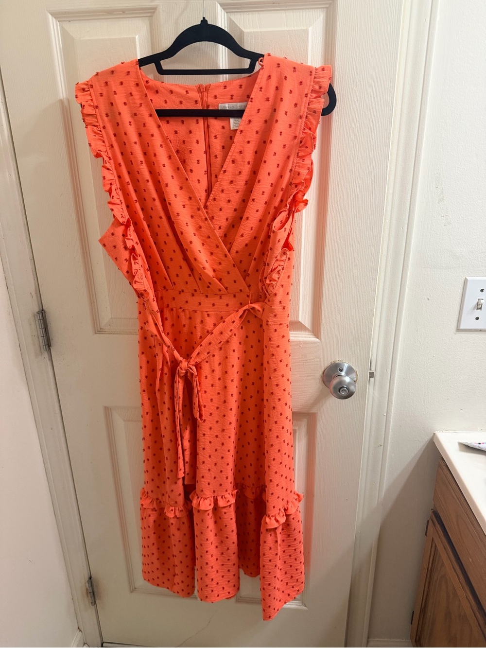 London Times Coral Wrap Midi Dress with Black Dot Accents